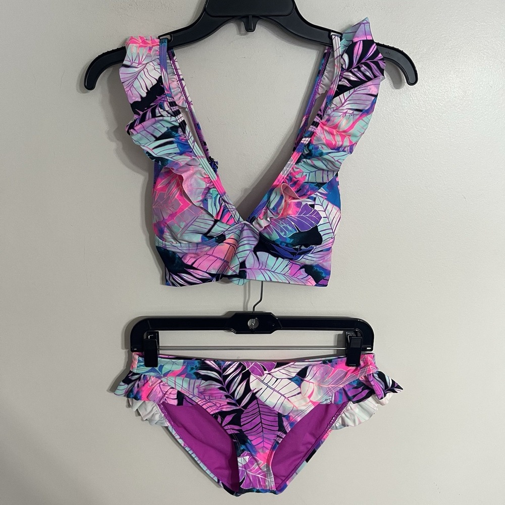 Island Soul‎ Women's Floral Print Ruffle Bikini Purple Small Top Medium Bottoms
